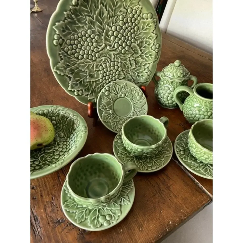 Vintage Style 11 piece Green Grape Vine Majolica Style Tea Set French Country
